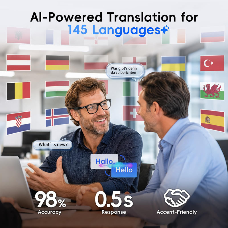 GetD AI Glasses, Smart Glasses Powered by ChatGPT, Real-Time AI Translation | Photochromic lens, AI translation in 145 languages, Hands‑free calls, Immersive audio, Holds AI conversations Black + Grey Photochromic Lens Large