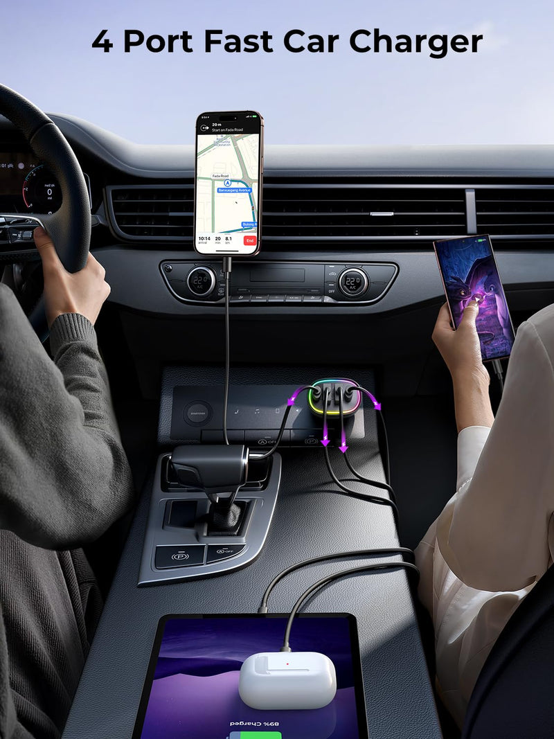 Fast Car Charger FLYLEAD 70W 4 Ports Car Charger【A Must for Family Travel】 Super Fast USB C Car Charger Adapter for iPhone 16/15 Pro Max Plus Samsung Galaxy S24 Black