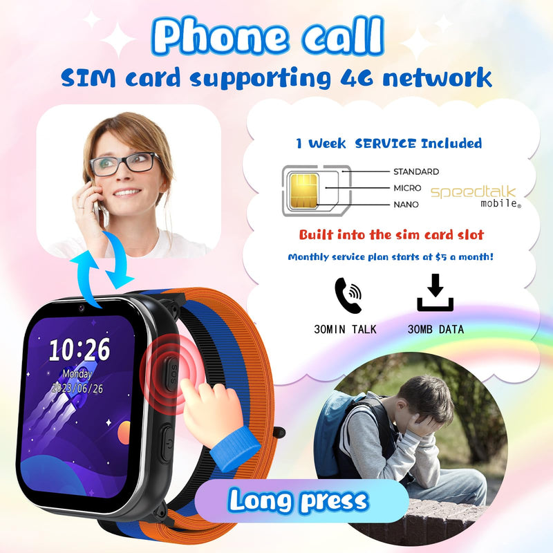 Smart Watch for Girls Boys, Kids Smartwatch with 4G SIM Card, Smart Watch for Kids Touch Screen SOS Emergency Call Calculator Clock Camera Games Music Player, Toys Gifts for Ages 4-12 (Black) LT49 Black NO GPS