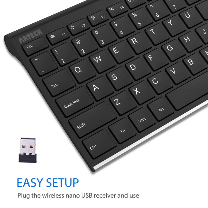 Arteck HW193 2.4G Wireless Keyboard Stainless Steel Ultra Slim Full Size Keyboard with Numeric Keypad for Computer/Desktop/PC/Laptop/Surface/Smart TV and Windows 11/10/8 Built in Rechargeable Battery
