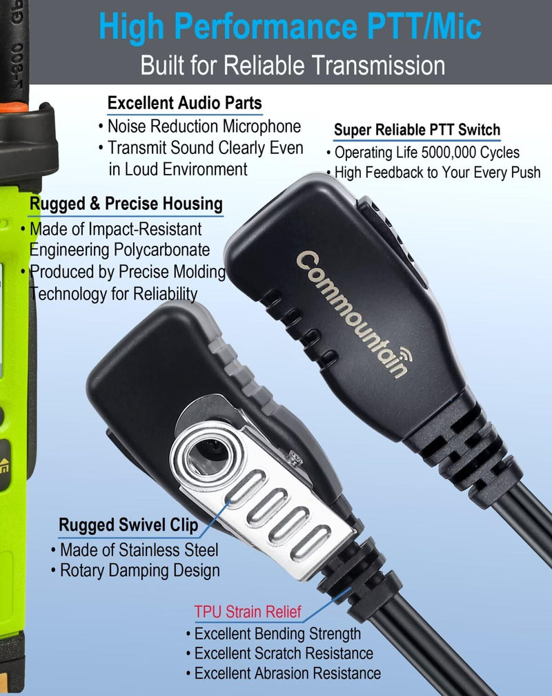 commountain earpiece for Motorola Walkie Talkie and Radio with PTT/Mic, Compatible for CP200D CP100D R2 CP200 CP185 BPR40 CLS1410 CLS1110 RMU2040 RMU2080D, Acoustic Tube Surveillance Headset, 2 Pin For users less than 6 feet tall