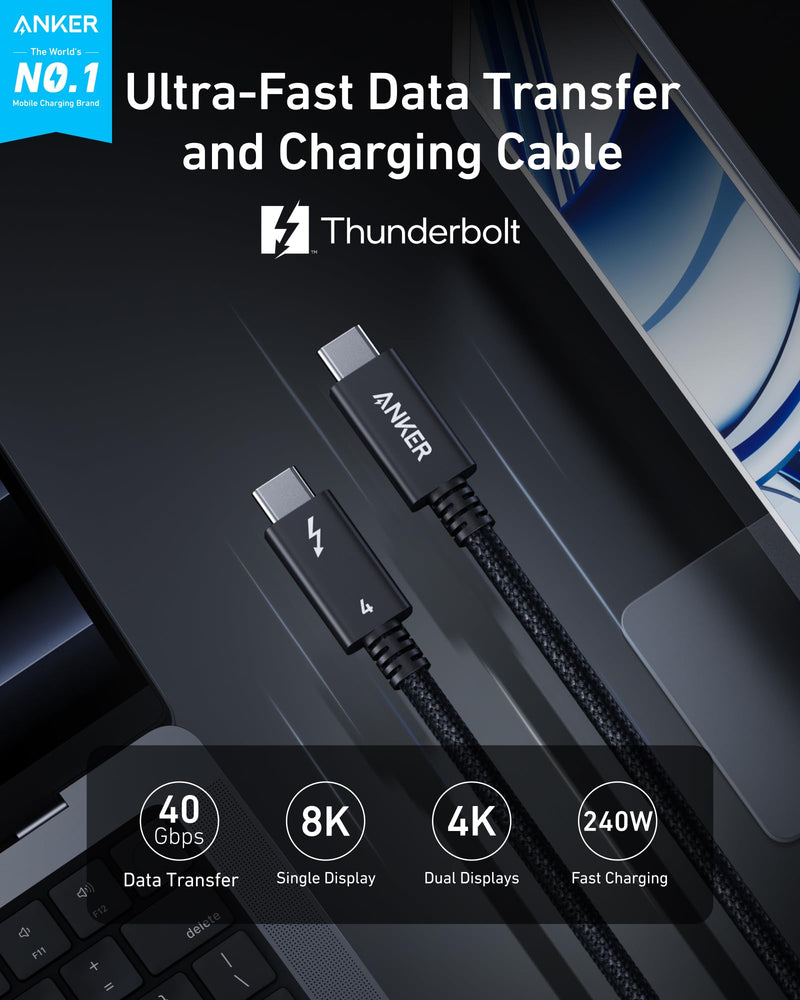 Anker Prime Thunderbolt 4 Cable, 3.3ft USB-C to USB-C Cable, 240W Charging | 40Gbps Data Transfer, Supports 8K/4K Displays, for iPhone 16, MacBook Air, iPad, Samsung (Thunderbolt 4-Certified) Black