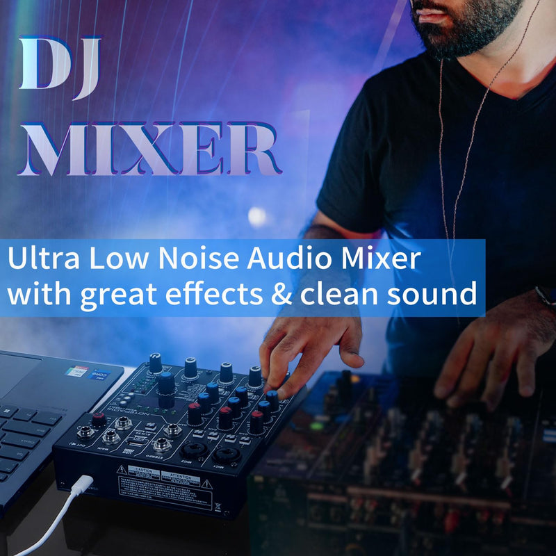4 Channel Audio Mixer with 99 Sound Effects for PC,BT DJ Mixer Portable Sound Mixing Console with USB Recording Input for Live Streaming,Podcasting,DJ Show,Wedding