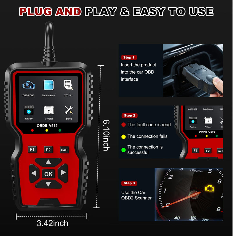 V519 OBD2 Diagnostic Scanner Tool - Vechicle Check Engine Light Code Reader with Battery Voltage Tester, I/M Readiness, Reset, and Code Eraser for All OBDII Car Since 1996 Red