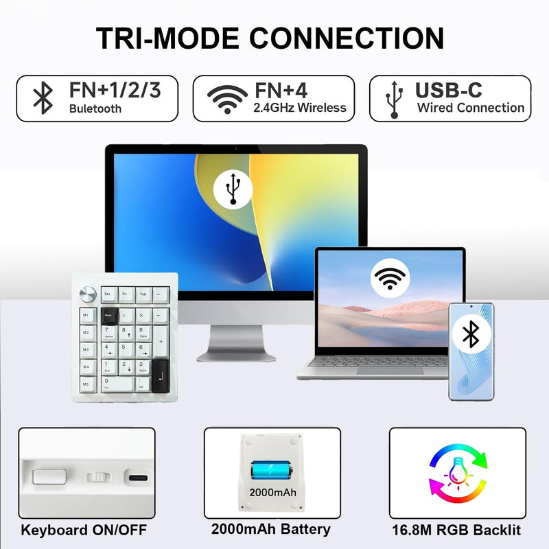 GMK26 Mechanical Numpad,VIA Macro Keypad BT5.0/2.4ghz/Type C Wireless Number Pad RGB HotSwap Numeric Keypads with Knob,PBT Keycaps Gasket Rechargeable Number Keypad for PC Laptop Desktop (White) White