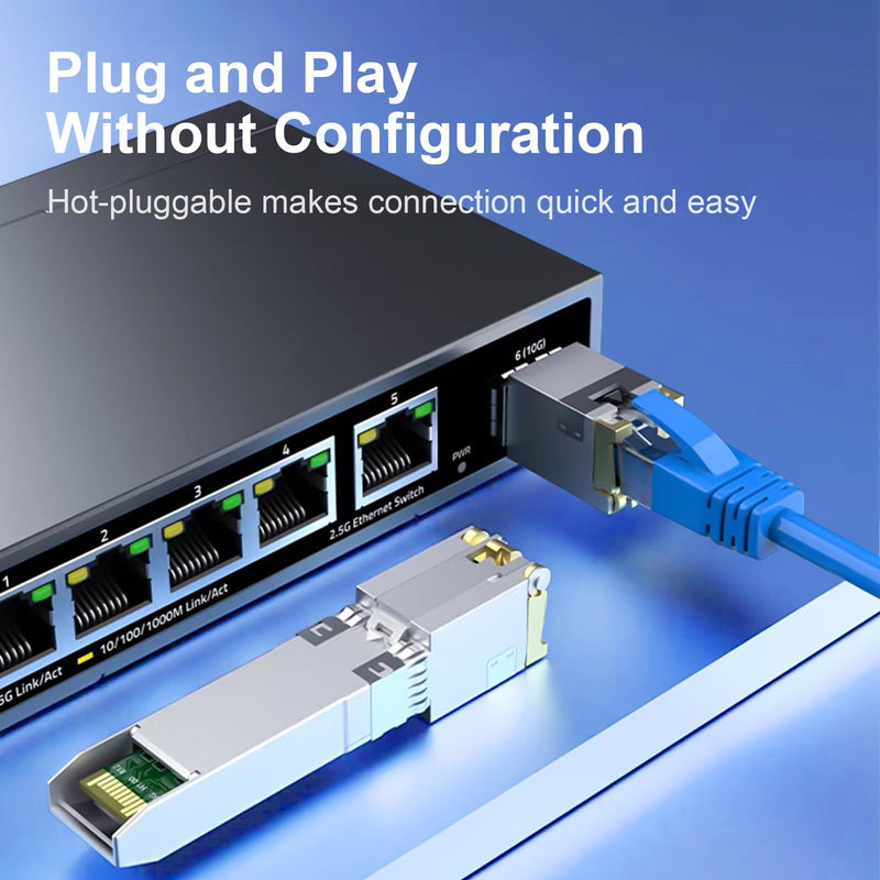 1.25G/2.5G/5G/10GBase-T SFP+ Transceiver, 10G SFP+ to RJ45 Copper Module | Comapatible for Cisco SFP-10G-T-S, Ubiquiti uacc-cm-rj45-mg, D-Link, Supermicro, MikroTik S+RJ10, CAT.6a/7, up to 30 Meters 1.25/2.5/5/10GBase-T: 30m