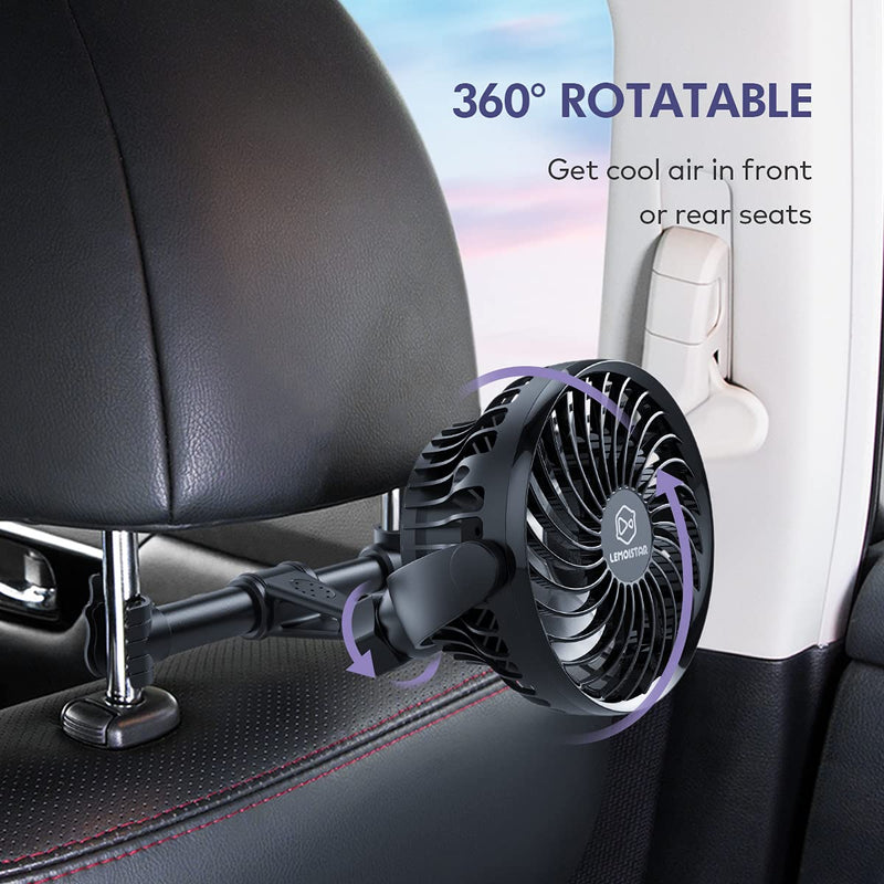 Retractable Portable Car Fans with 4 Speeds for Headrest and Rear Seat, Small Cooling Vehicle Air Fan, Quiet Operation, Rechargeable, Battery Operated,360 Degree Rotatable USB Fan for Baby, Puppy, SUV Black-Retractable