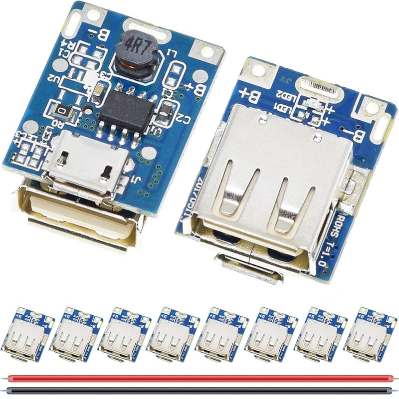 10Pcs 5V Step Up Board Lithium Battery Charging Protection Board Step Up Power Module 134N3P Charger Board LED Indicator for DIY Charger with 24AWG Cable