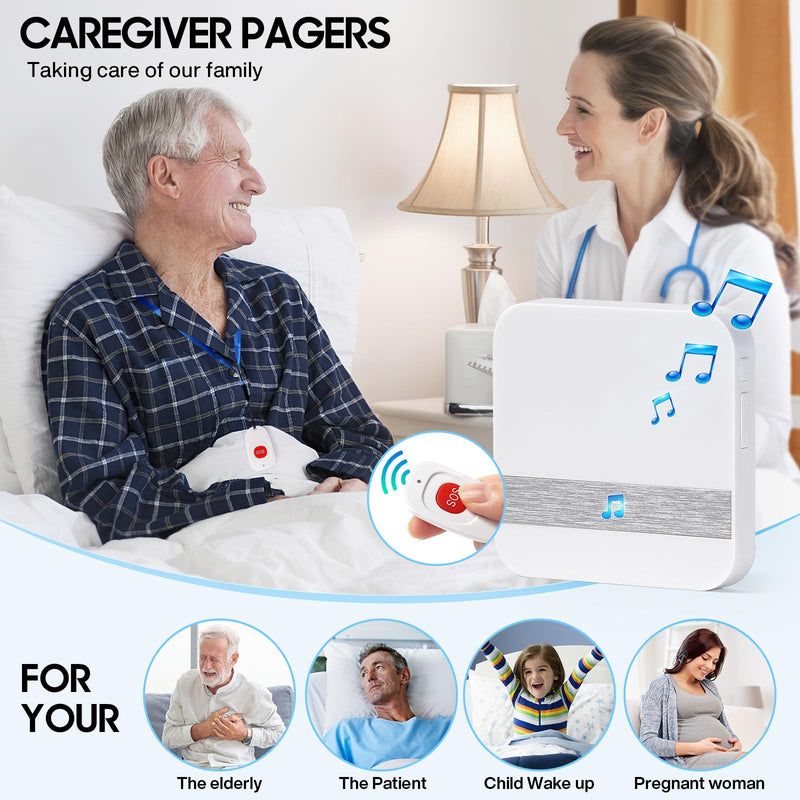 Caregiver Pagers Wireless Call Button for Elderly Patient Personal in Home Life Alert System for Seniors Range 260ft/80Menter,60 Ringtones (3 Call Buttons + 2 Receivers) 3 call buttons + 2 receivers