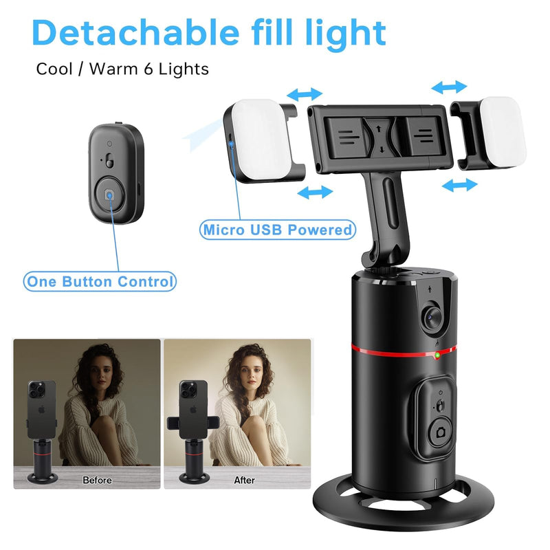 Auto Face Tracking Tripod,360°Rotation Phone Camera Mount Smart Shooting Holder with Remote Selfie Stick,No App,Gesture Control,with 2pcs LED Light