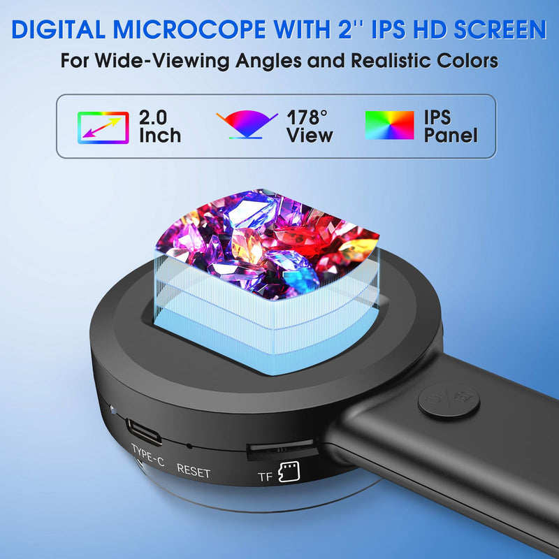 [AUSTRALIA] - Pocket Digital Microscope for Adults Kids: 100X Handheld Magnifying Glass with Light, USB Coin Magnifier for Collector, Portable Jewelers Loupe with 2" Screen, Mini Scope for Trichome Black 