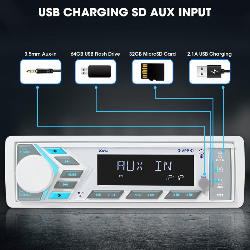 Single Din Marine Stereo Receiver: in Dash Bluetooth Boat Radio - Digital LCD Display Push to Talk Assistant AM FM MP3 SD Aux-in USB Charging 4.2-Channel Audio Output for Marine Vehicle Watercraft