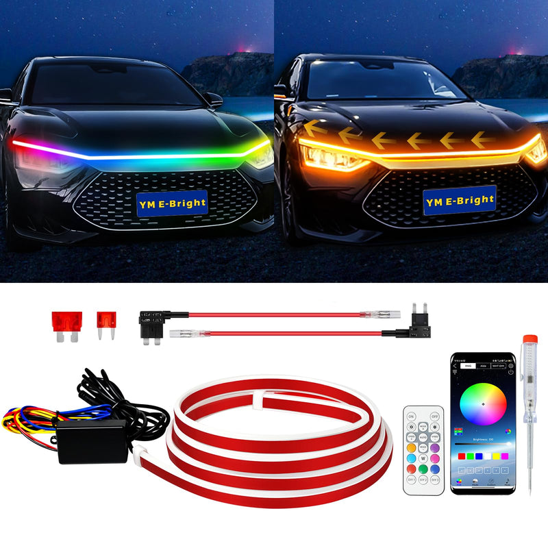 [AUSTRALIA] - RGB Hood Light Strip with Sequential Turn Signal Indicator Function Waterproof Multicolor Dynamic Scan Start Up Hoodbeam Kit for Cars, Truck, SUV, with APP Control, 12V 79inch/2M (1Set) Dynamic Multicolor 79 inches 