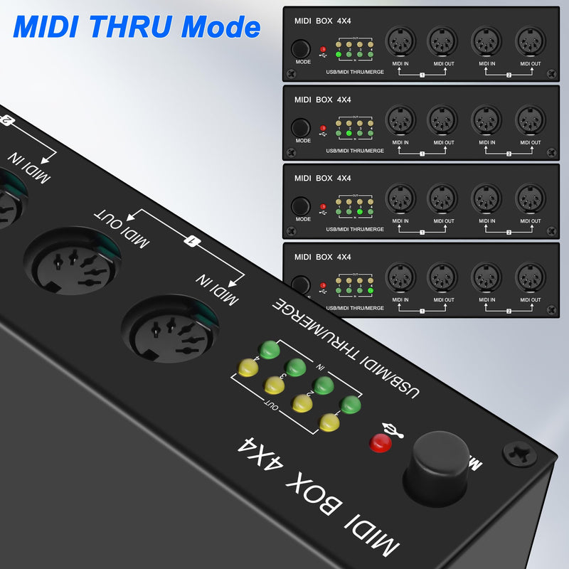 XMSJSIY USB MIDI Interface Box 4 In 4 Out 64 Channel MIDI Thru Box 4 * 4 Converter with Router Merge Splitter Thru Hub with LED Indicators for PC Mac and USB MIDI instruments - 1PCS