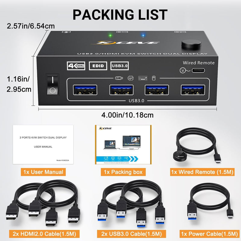 KVM Switch 2 Computers 2 Monitors for HDMI Device | Dual Monitor KVM Switcher USB 3.0 Version, 4K@60Hz 2 Monitors 2 PC KVM with EDID Function to Keep Window in Right Place Black 10.18 CM KVM switch for 2 monitors 2 PC