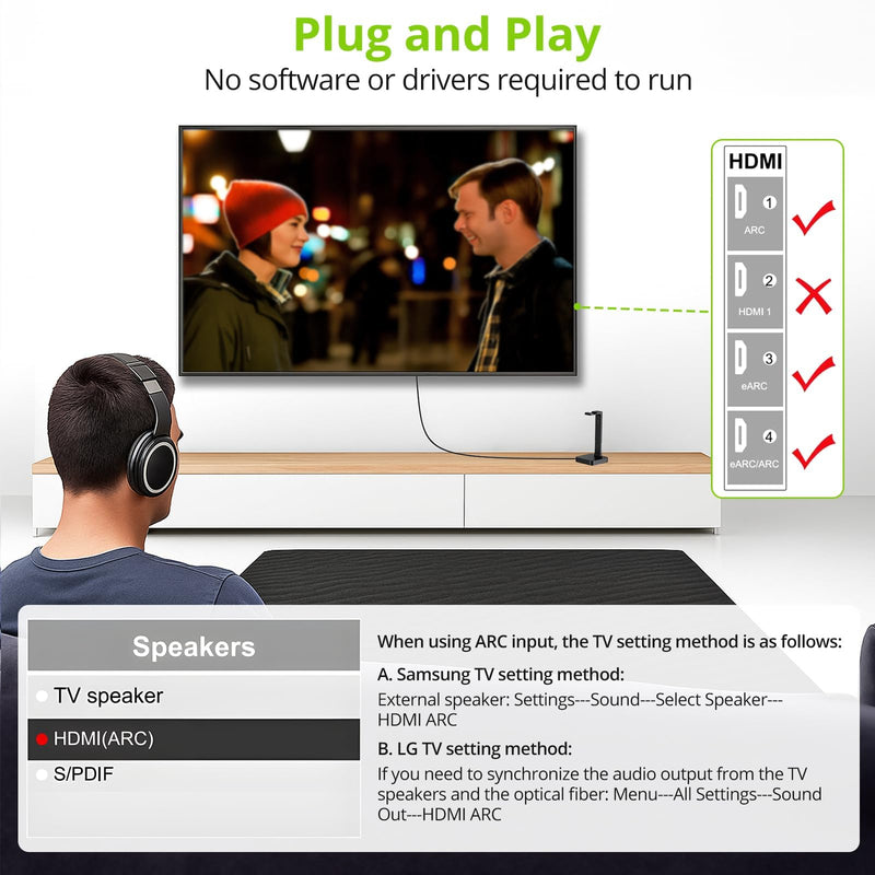 LiNKFOR eARC/ARC to Optical Audio Extractor Cable (1.5M/5ft), All-in-One HDMI ARC to TOSLINK Adapter, Supports 192KHz/24bit, DTS 5.1, Dolby Digital, Plug and Play for TV to Soundbar, Home Theater