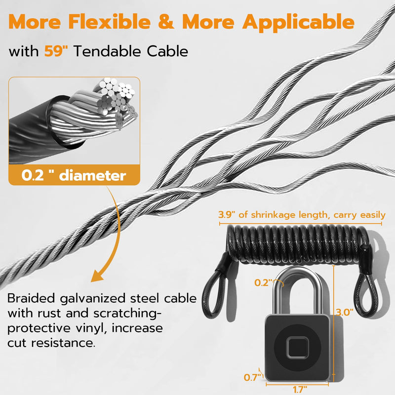 [AUSTRALIA] - Pothunder Fingerprint Padlock, Fingerprint Lock with APP, Padlock with Steel Cable Keyless Biometric, Smart Padlock Waterproof Suitable for Gym, Locker, Helmet, Gate, Fence, Luggage Black with Cable 