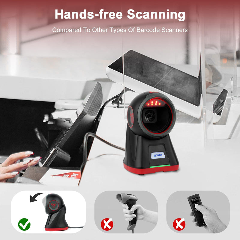 [AUSTRALIA] - OBZ 2D Handsfree Barcode Scanner,Omnidirectional QR Code Reader,Wired USB Scanners for Computers,Automatic Sensing Desktop Scanner for Windows Mac Linux,Drop-Resistant for Retail Store POS Hands-Free Scanner 