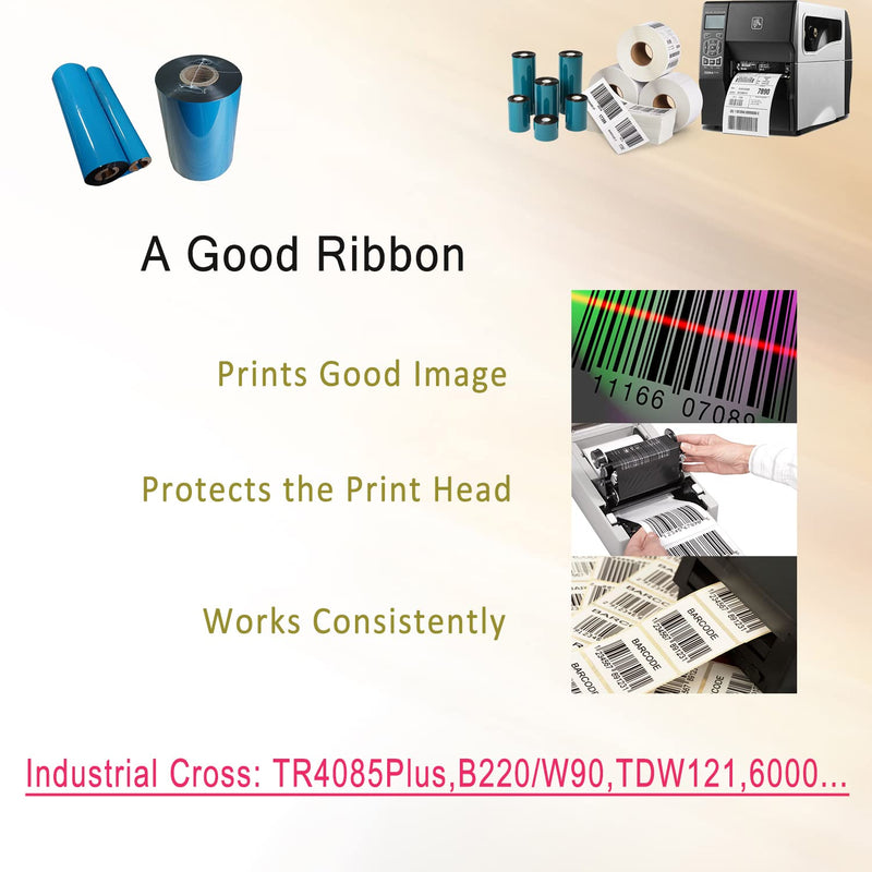 4 Rolls 4.33'' x 244' Premium Resin Enhanced Wax Ribbon, 110mm x 74m Black Thermal Transfer Ribbon, Desktop Barcode Thermal Label Printer Ribbons, 1/2'' Core, for Zebra GC, GK, GX, ZD & Eltron 4.33''x244'｜4 Rolls