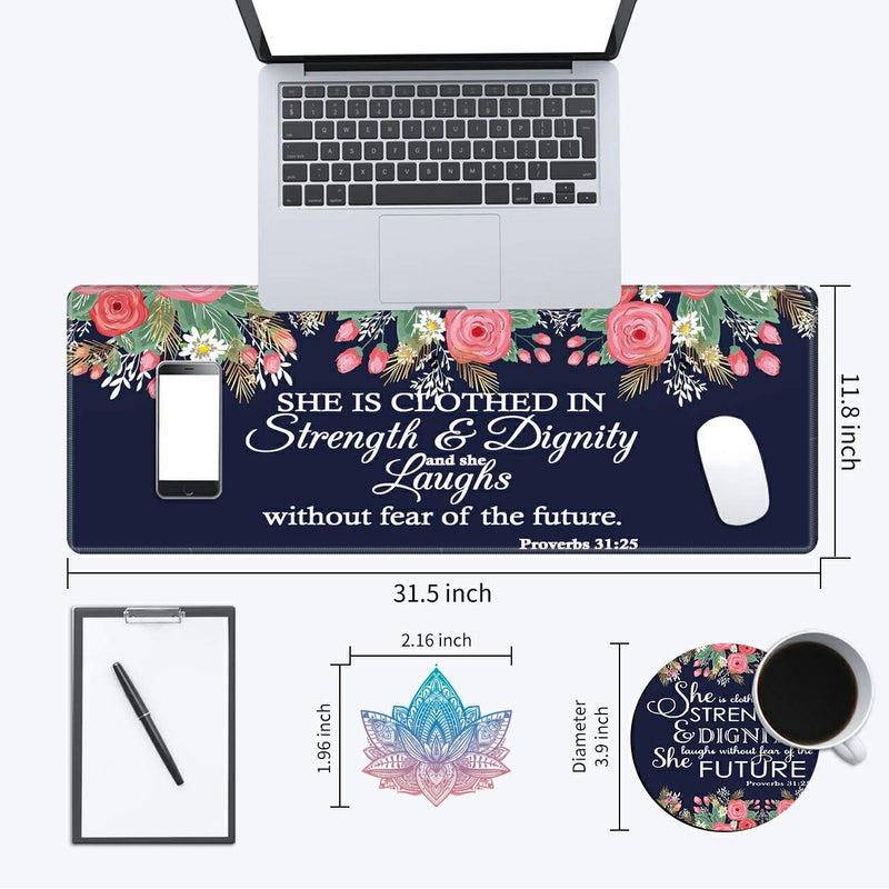 Desk Pad Navy Blue Flower Bible Proverbs 31:25 Mouse pad with Cute Coasters and Pink Mandala Stickers Non-Slip Rubber Large Gaming Mouse Mat, Multifunctional Office Desk Mat