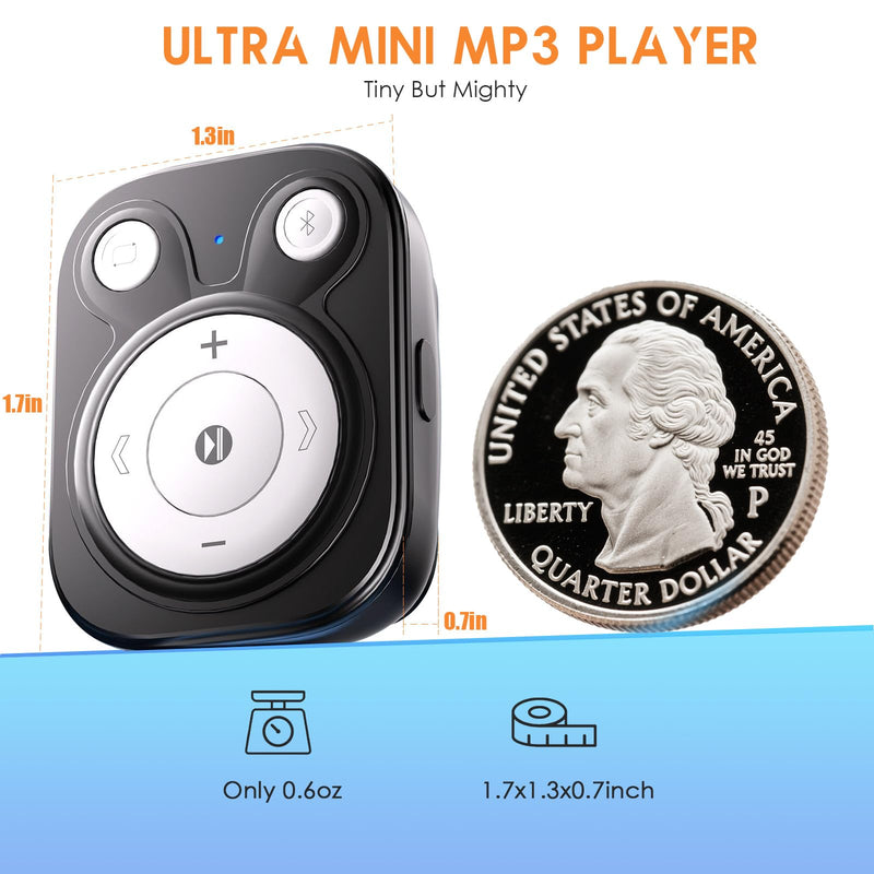 64GB Clip MP3 Player with Bluetooth 5.3: 15 Hrs Battery Mini Music Player, Earphones Included, 1000+ Songs Storage, No Phone Needed, Portable MP3 Players for Kids, Sports, Reading, Learning, Meetings 64GB Black