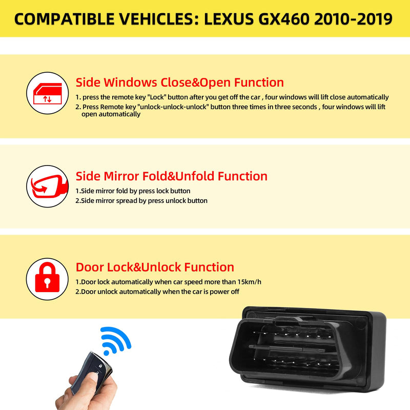 OBD GX 460 Remote Car Auto Window Lift Close Open Side Mirror Folding Unfold and Door Speed Lock Module Kit For Lexus GX460 2010-2019 Accessories 2010-2019 model