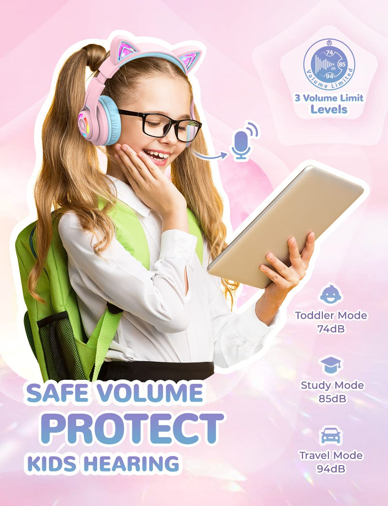 iClever BTH13 & BTH12 Kids Bluetooth Headphones Bundles, Colorful LED Lights Up, 74/85/94dB Volume Limited, Bluetooth 5.2, AUX Cable, Over Ear Kids Headphones Wireless for iPad/Tablet/Travel
