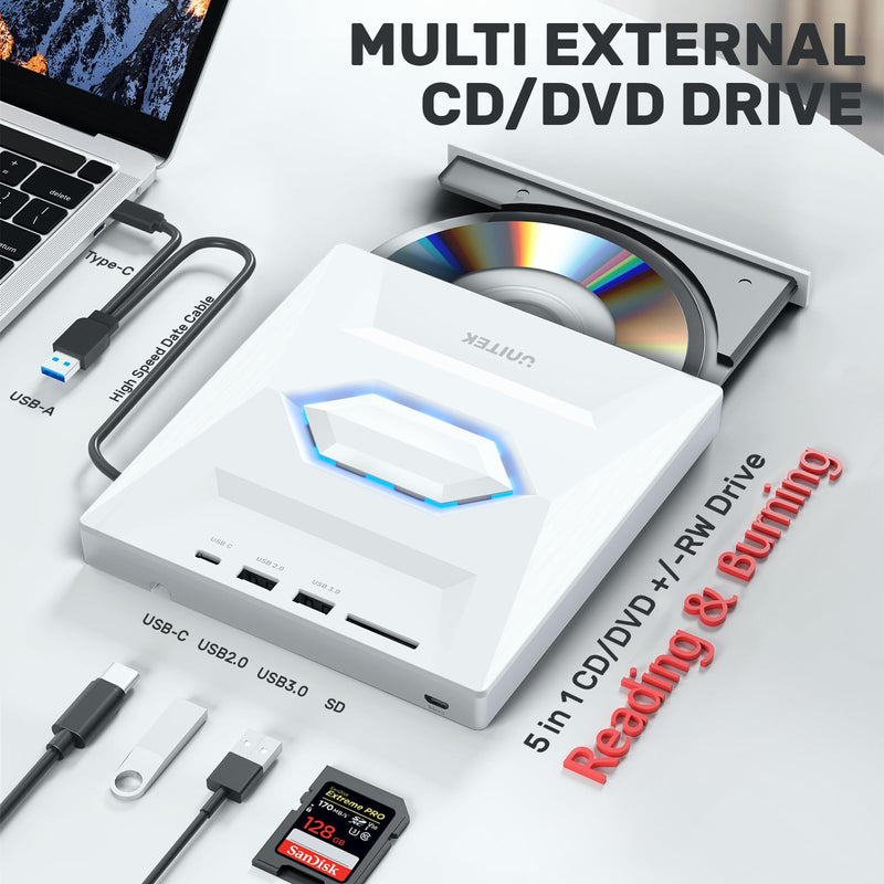 Unitek External CD DVD Drive, USB C 3.0 Portable Optical Disc Player Burner | CD DVD +/-RW Optical Disc Drive, 3 USB Hub and 1 SD Card Slot, Slim CD ROM Reader Writer for Laptop Desktop PC Mac Windows 5-IN-1 WHITE