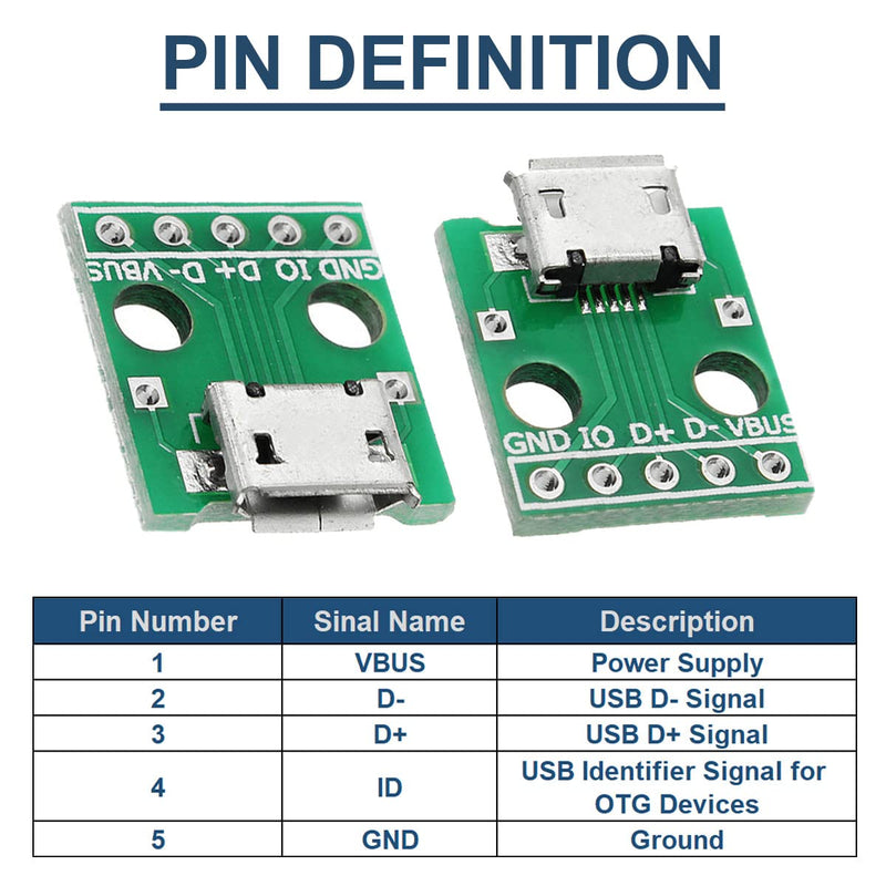 10 Pcs Micro USB Female to DIP Adapter 2.54mm 5 Pin USB 2.0 Micro USB Socket to DIP Converter Breakout Board for DIY Power Supply with 50 Pin Header
