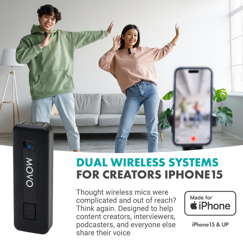 [AUSTRALIA] - Movo Mini USB-C Duo Wireless Microphone for iPhone 15/16/17 and up - Ultracompact Microphone for iPhone 15/16/17 with Clip on Wireless Lavalier Mic 2 Transmitters 