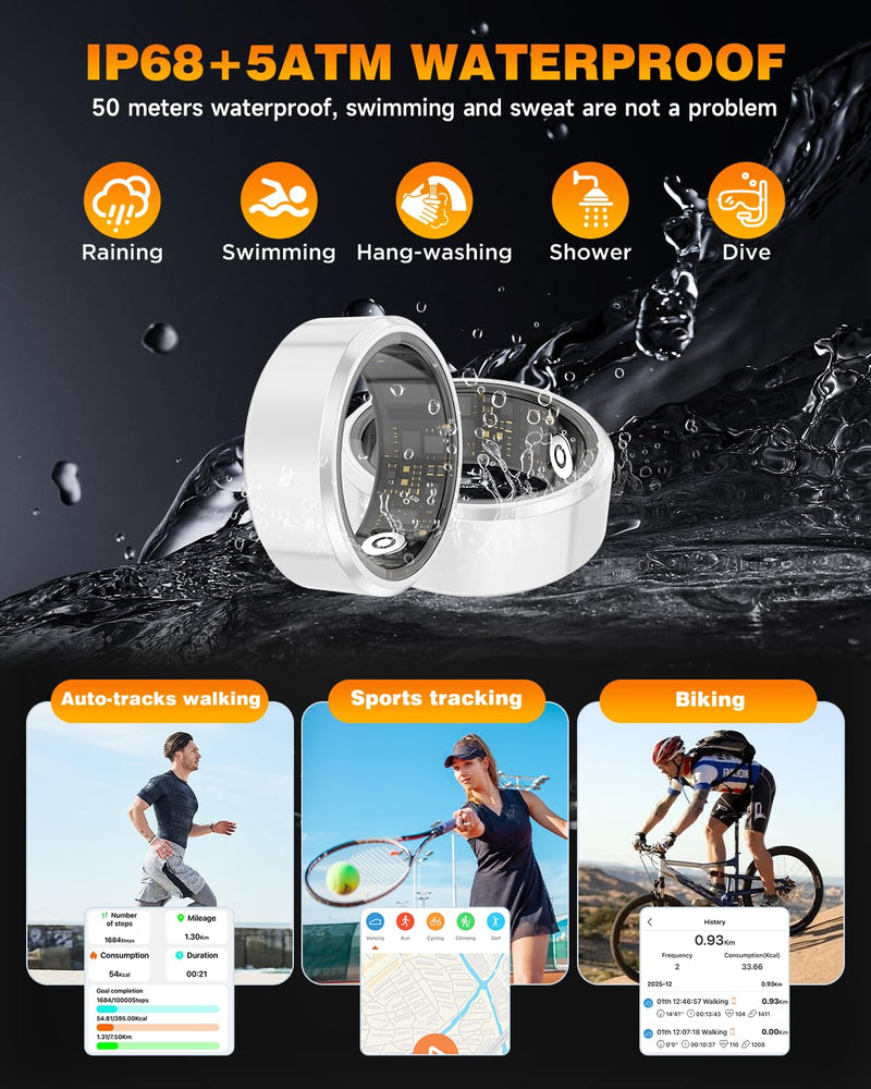 Ceramic Smart Ring Health Tracker with Charging Case Sleep, Heart Rate & SpO2 Monitor, 5ATM+IP68 Waterproof Fitness Ring for Men Women, No Subscription, 4-9Day Battery, iOS/Android Compatible White 7#