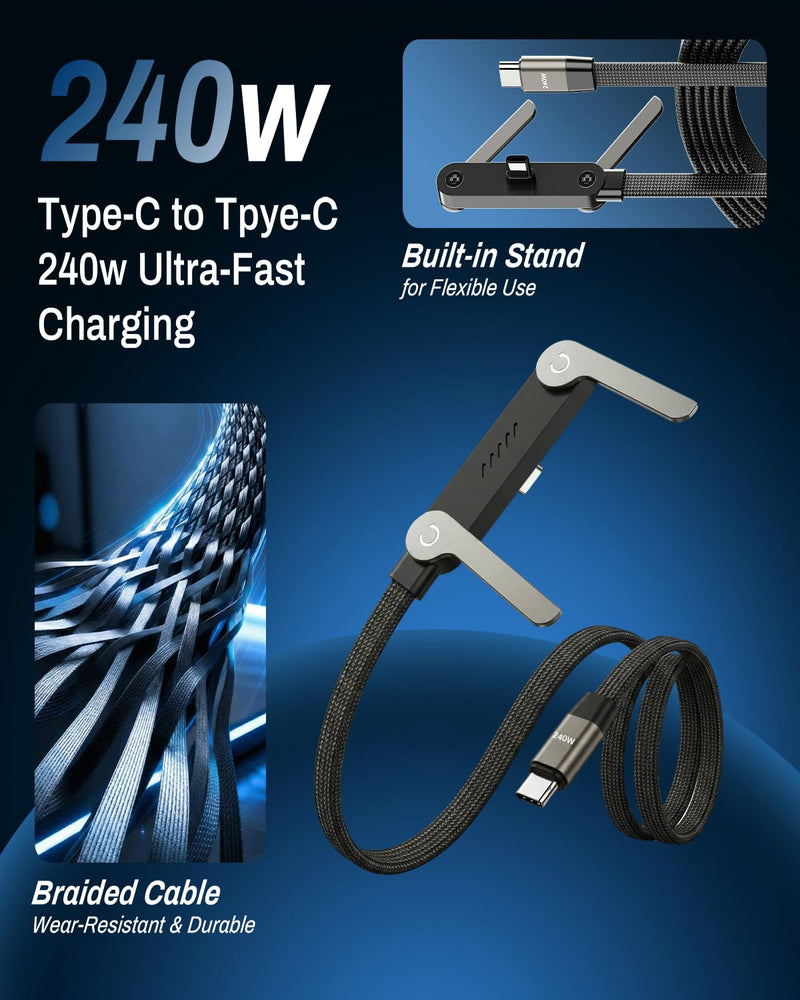240W USB C to USB C Ultra Fast Charging Cable with Invisible Stand Flat Phone Charger 90 Degree Right Angle Plug T Shaped Foldable Stand Multi Functional Cord Black 4.9 Ft(2 Pack 2