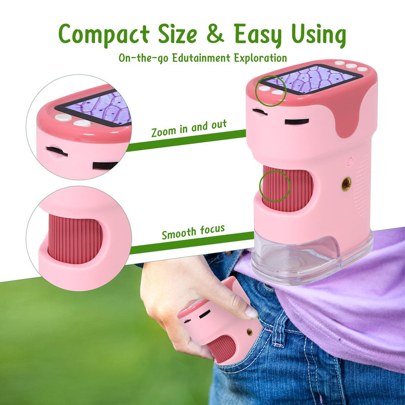 Handheld Digital Microscope for Kids with 2'' HD Screen, 200~1000X Pocket Microscope, Starter Kit with 6 Random Specimen Slides and 32G SD Card Included, Educational Gift for Children Age 6+ (Pink) Pink