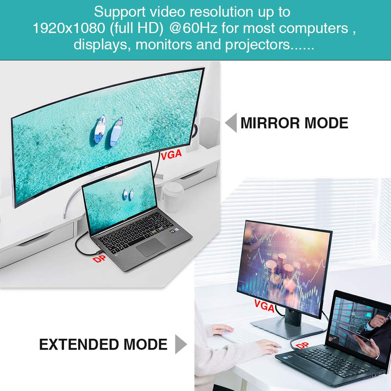 DisplayPort to VGA, DisplayPort to VGA Adapter 3 Feet Display Port to VGA Connects DP Port from Desktop or Laptop to Monitor with VGA Port (Not Bidirectional,Not Compatible with HDMI or USB) 1 pack