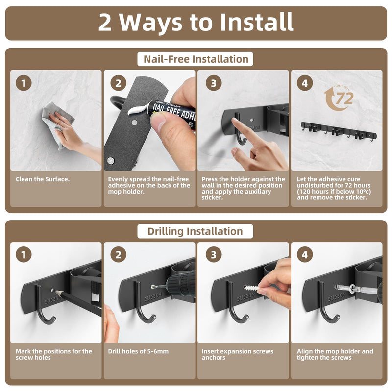 3 Positions Wall Mounted Mop Holder, Robust Stainless Steel Broom Holder, Multifunctional Broom Storage, Mop Holder with Hook, Mop Wall Mount, Device Holder Rail for Kitchen, Bathroom, Garden