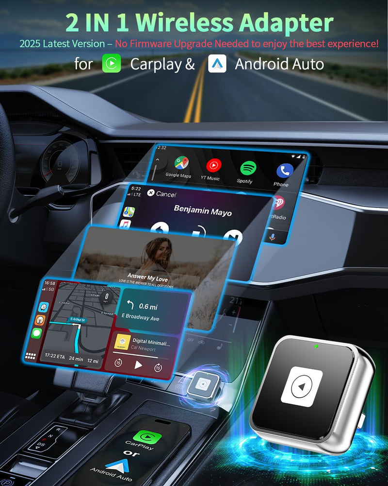 Wireless CarPlay & Android Auto Adapter 1-Inch (2.54cm) - Discreet Plug & Play, Stable Connection for Music/Navigation, Works with iPhone iOS 10+ & Android 11+,for 98% of Cars (2016-2025) (Silver) Silver