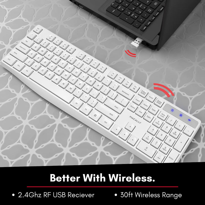 Macally 2.4G USB Wireless Keyboard for Laptop or Computer - Keep it Simple - Full Size Keyboard with Numeric Keypad & 13 Shortcut Keys - Plug and Play PC Keyboard Wireless - White Keyboard Cordless