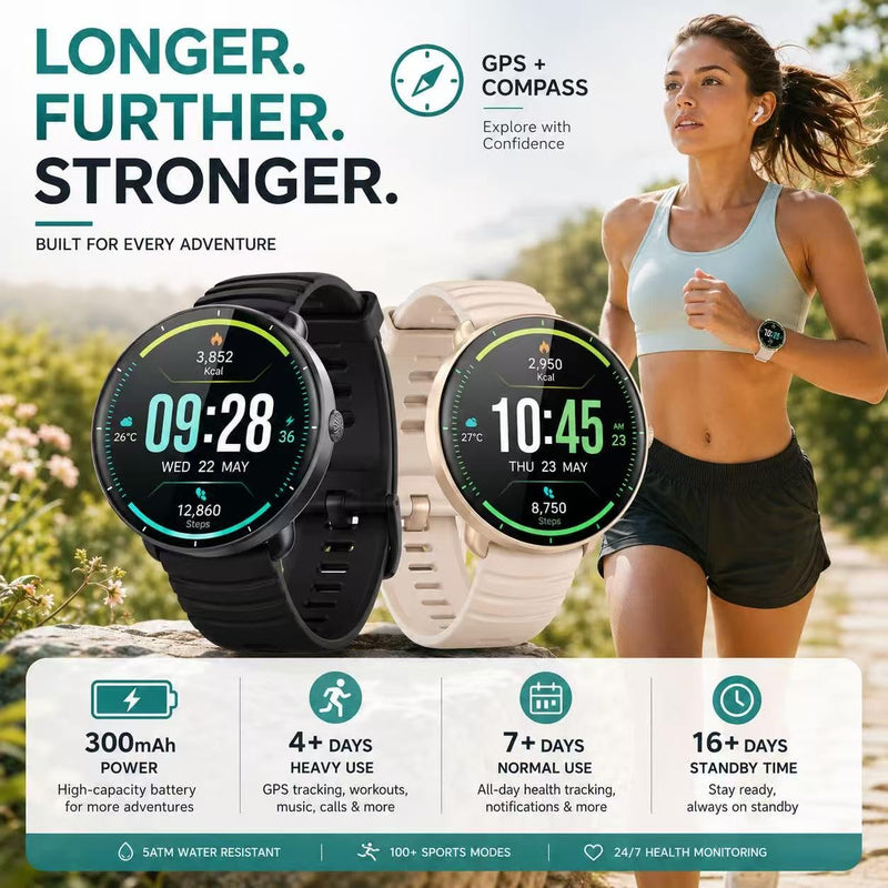 Smartwatch for Swimming 5ATM with GPS, Compass, AI Swim Analysis, Heart & Sleep Tracking, 100+ Sports Modes, HD Display, Long Battery Life, Fitness & Outdoor Training Watch - Men & Women (BLACK) BLACK