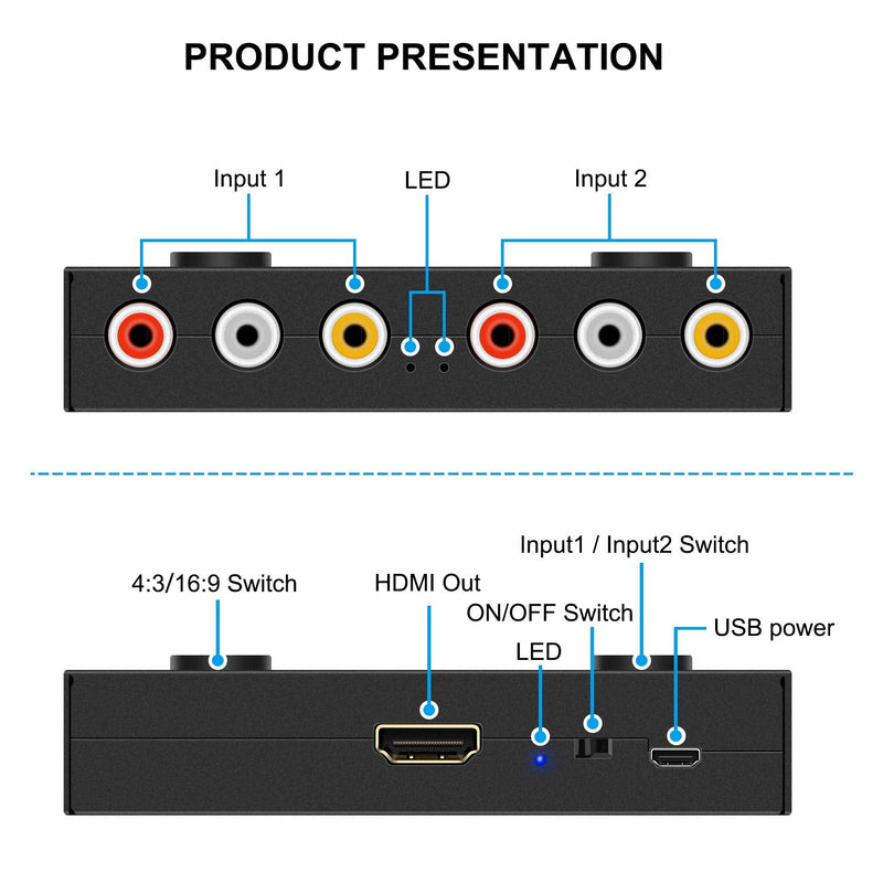 [AUSTRALIA] - 2 AV to HDMI, 1080P/720P TV 2 Way RCA Composite CVBS AV Switch to HDMI Video Audio Converter Adapter Support 4:3/16:9 Switching, for Sega Xbox PS2 PS3 N64 NGC SNES WII VHS VCR Camera DVD 2 RCA Converter 