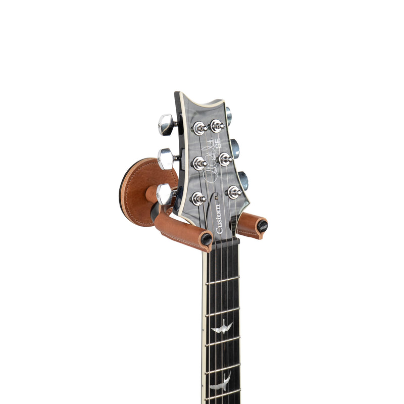 Levy's Leathers Forged Steel Guitar Hanger; Black Metal with Tan Veg-Tan Leather Yoke Wraps (LVY-FGHNGR-BKTN) Black Steel Tan Leather