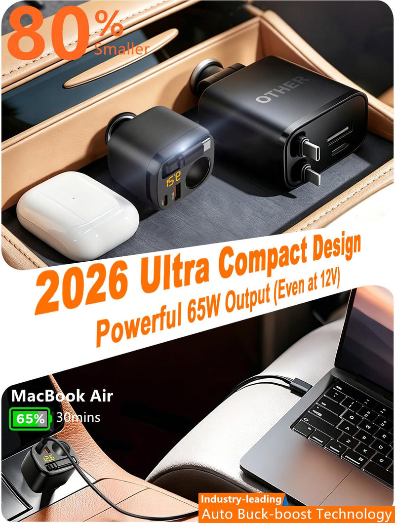 Retractable USB C Car Charger, 215W 4 in 1 Cigarette Lighter Adapter | PD65W Laptop Fast Charging, Socket Splitter with Multi Port, 12V Car Charger Adapter for iPhone 17 Pro Max, MacBook, GPS
