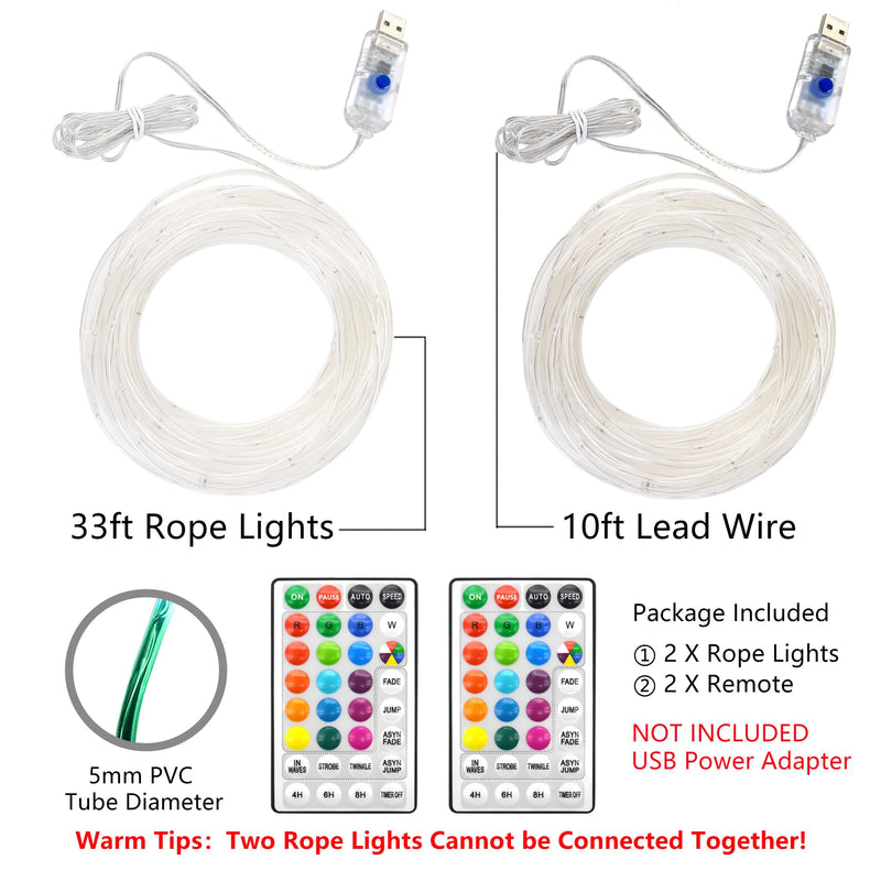 LED Rope Lights with USB Powered, 2 Pack X 33Ft 100 LED String Lights Indoor Outdoor with Remote,16 Color Changing Fairy Tube Lights for Bedroom Garden Party Wedding Christmas 33ft x 2Pack(RGB)
