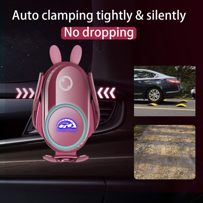 Wireless Car Charger Mount, Auto-Clamping Cute Pink | for car dashboard and vent, pink cute car phone holder , gift for women lady girlfriend birthday anniversary