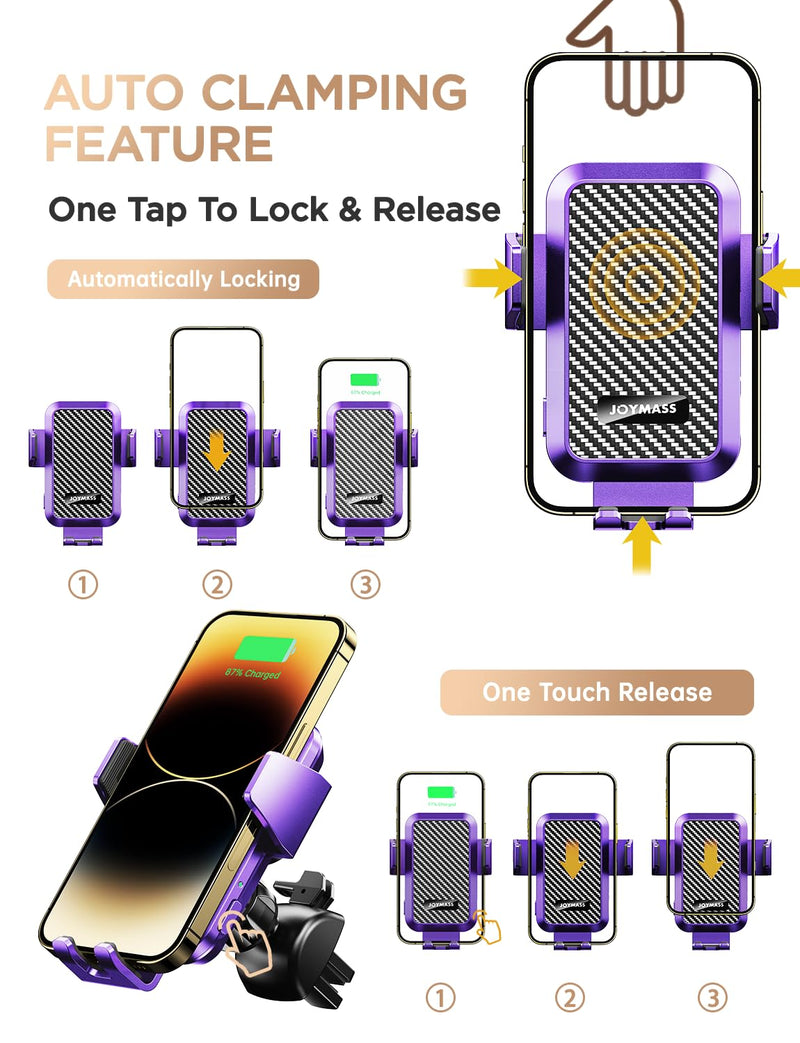 JOYMASS Wireless Car Charger, Phone Holders for Your Car, 15W Auto Clamping Phone Mount Car Accessories for iPhone 16 15 14 13 12 Mini Pro Max, Samsung Galaxy S24 Ultra S23 S22+ Note 20, etc - Purple