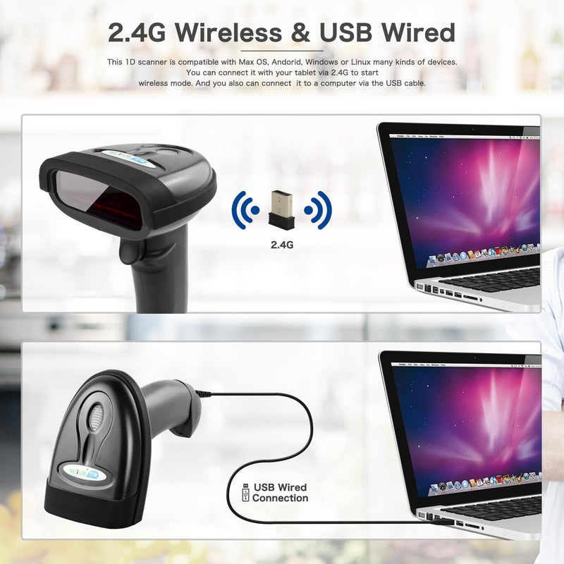 NETUM Wireless Barcode Scanner, 2 in 1 2.4G Wireless & USB Wired 1D Laser Barcode Reader Handheld Bar Code Reader Cordless Rechargeable Bar Code Scanner for Computer MAC Laptop (NT-1698W) NT-1698W