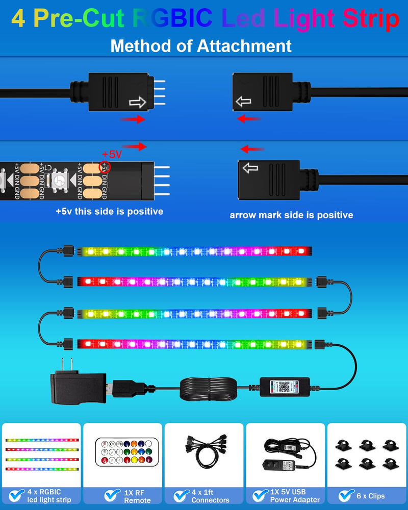 [AUSTRALIA] - LED Strip Lights 4 Pre-Cut RGB Led Light Strip With APP & Remote Control, Multi-color Music Sync Changing Strip Lights for Cabinets Shelf Closets TV Backlight Kitchen Bedroom, With Power Adapter 
