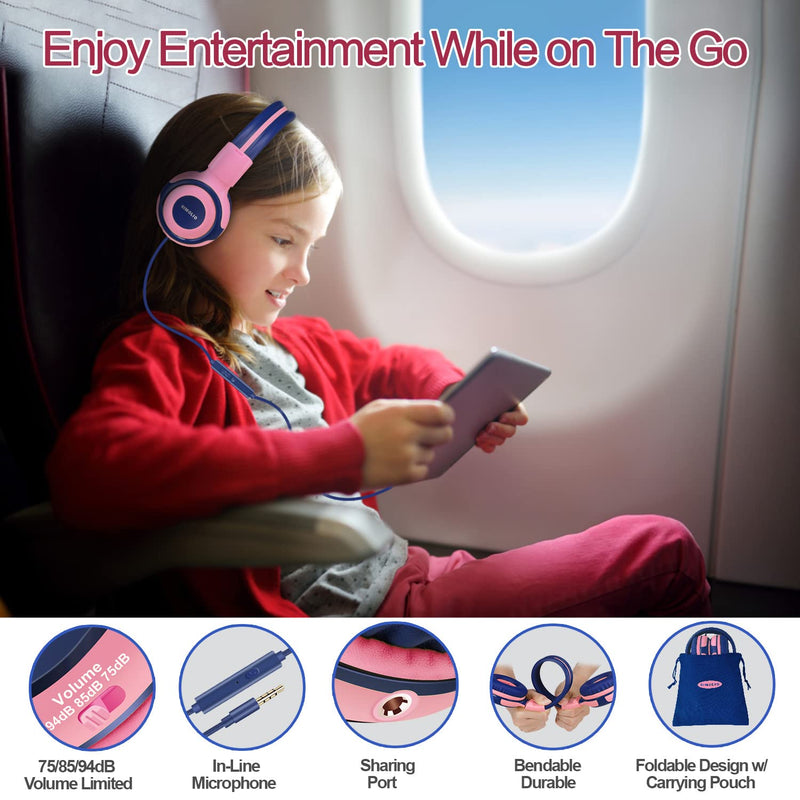 SIMOLIO Kids Headphones with Microphone for School, 75/85/94 dB Wired Headphones with Built-in MIC or Boom Mic for PC, Laptop, Gaming, Over Ear Pink Stereo Corded Headset for Girls, Children, Students