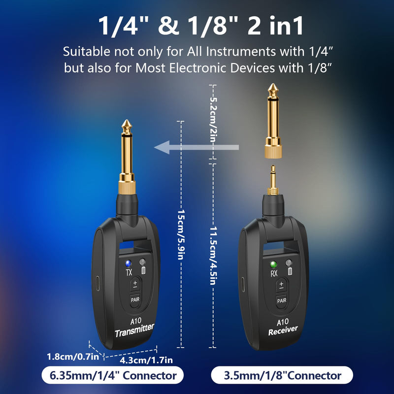 Wireless Guitar Transmitter Receiver 2.4GHz Rechargeable, 6.35mm and 3.5mm Plugs Audio Wireless Guitar System 250° Rotatable for Bass Keyboard Drums Multiple Instruments (A10 Black)