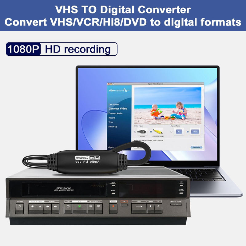 VHS to Digital Converter 1080P, Video Capture Card Device, AV to USB Converter, RCA to USB Converter for VHS VCR Hi8 to Digital, for Tape Player Camcorder PC TV Windows Mac OS (Male)