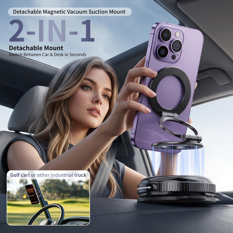 for MagSafe Car Mount, Vacuum Suction Phone Holder | 32 kgf Suction, 720° Rotation, Detachable Dual-Side Zinc Magnetic Head, for iPhone 12–17 & Android, Sticks to Metal
